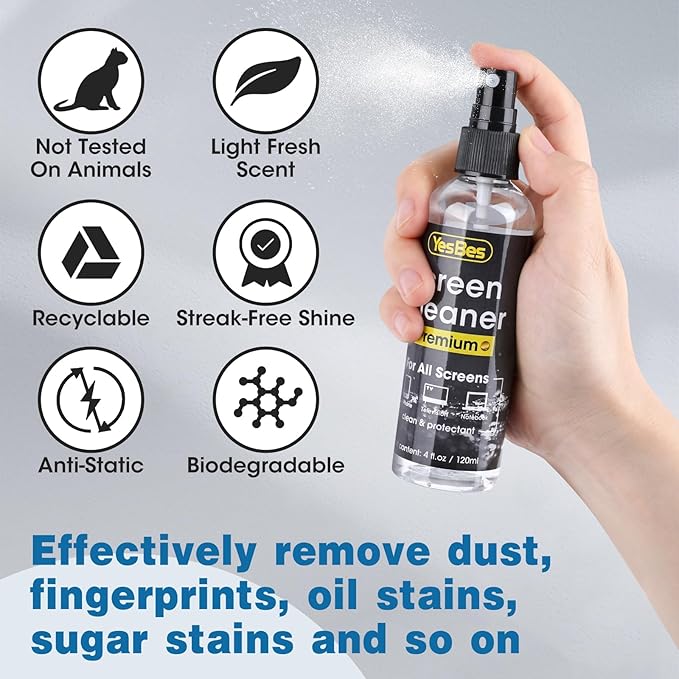 Screen Cleaner Spray 16oz (4oz x 4 Pack) - TV Screen Cleaner Spray and 2 Microfiber Cloths, Computer Screen Cleaner & Car Screen Cleaner for TV