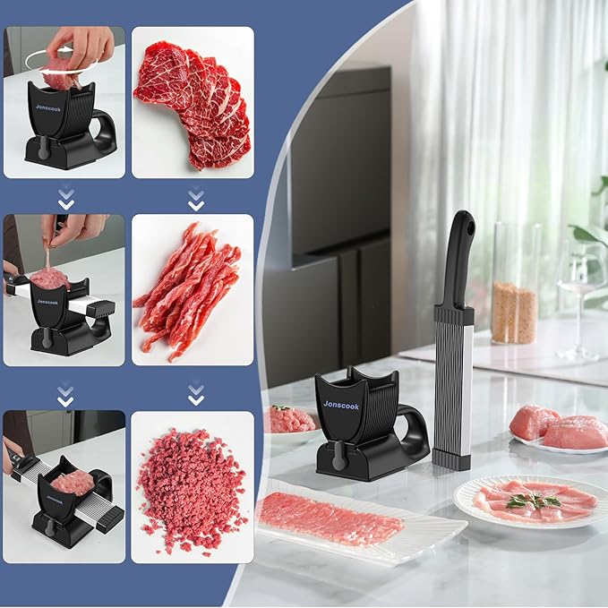 Manual Meat Slicer for Fresh Raw Meat (with Steady Grip), Meal Prep, Adjustable Thickness 2mm or 4mm, 17 Blades get 18 Meat Slices, Meat Cleavers can be Sliced, Striped, Diced -Black