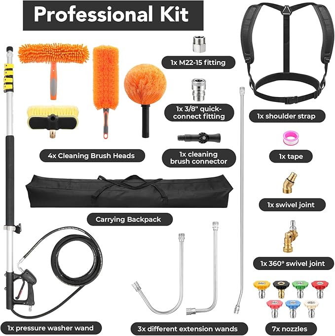 24 FT Telescoping Pressure Washer Wand with 4 Dusters for House Cleaning, 4500PSI Gutter Cleaning Tools with 3 Pcs Curve Wands & Adjustable Support Belt & 7 Pcs Nozzles