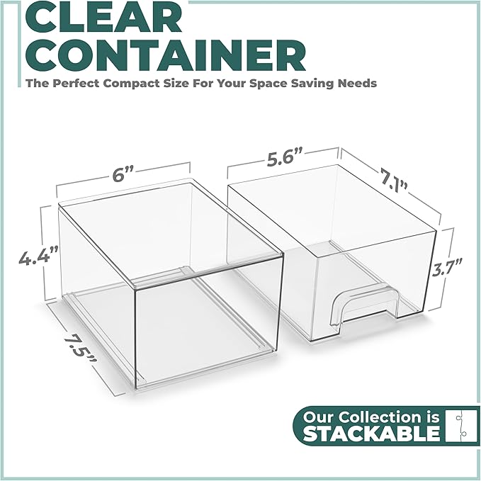 Sorbus Acrylic Storage Containers - 4 Pack, Stackable Storage Bins Set for Bathroom Organization - Clear Acrylic Drawer Organizers - Makeup Case Pull-Out Drawers (4.4’’ Tall)