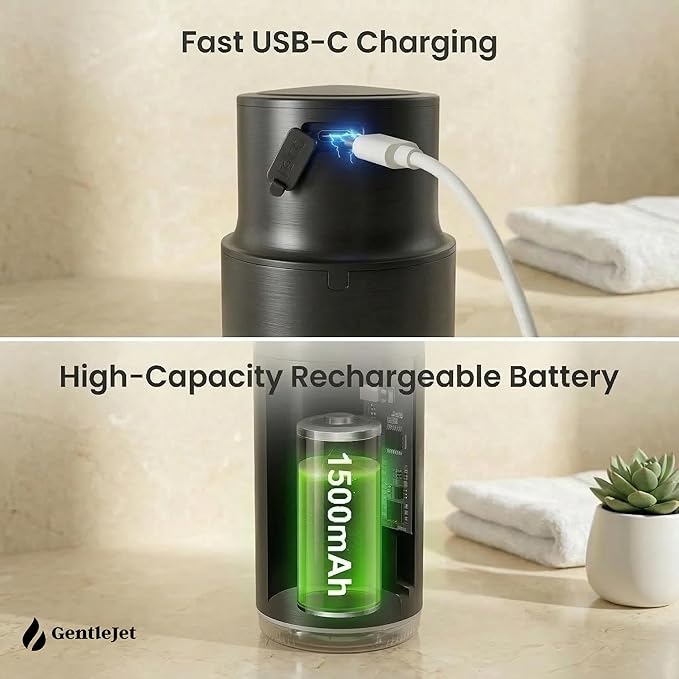GentleJet CrystalJet Automatic Foam Soap Dispenser – Stainless Steel, Touchless Sensor, USB-C Rechargeable, Waterproof, Modern Bathroom & Kitchen Sink, 300 ml