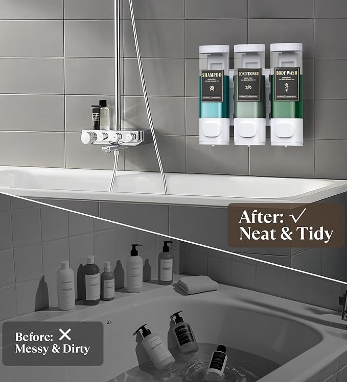 Luxspire Shampoo and Conditioner Dispenser, No Drill Wall Mounted Shower Soap Dispenser 3 Chamber with Waterproof Labels, Easy Refill Soap Dispenser for Bathroom Hotel Kitchen, White
