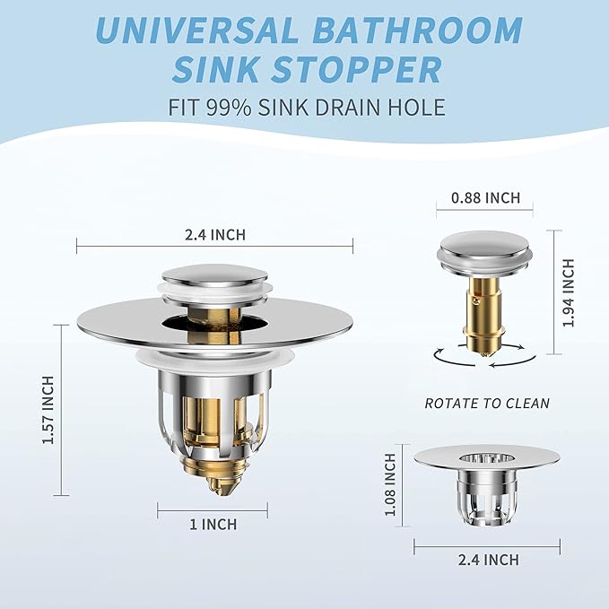 Universal 2 in 1 Bathroom Sink Stopper, Pop Up Bathroom Sink Drain Strainer with Anti-Clogging Filter Basket