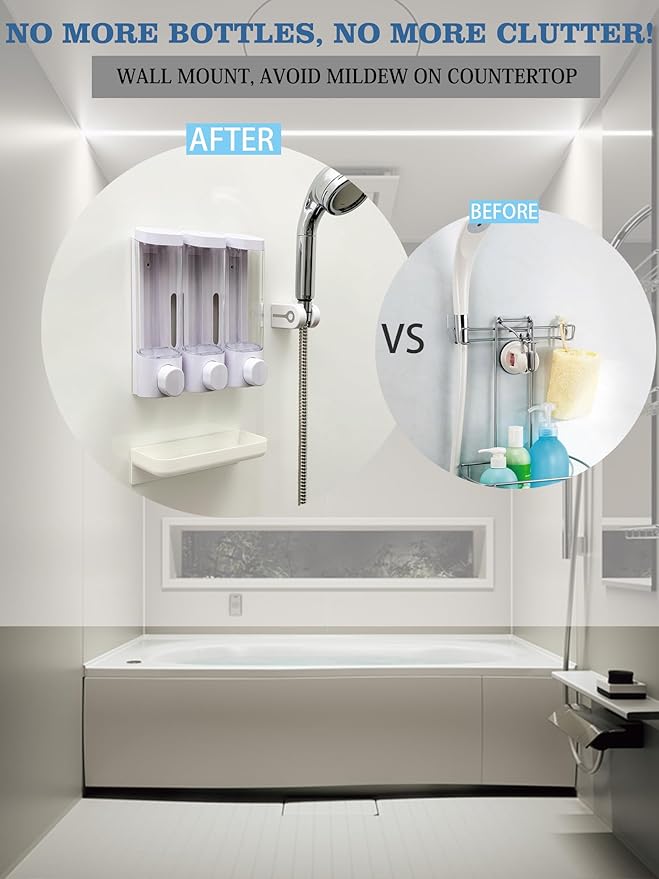 RANKADO Luxury Shower Soap Dispenser Bathroom with Tray,Drill Free Shampoo and Conditioner Dispenser with Mounting Tapes,Shower Soap Dispenser with Labels,Shampoo Dispenser for Shower Wall