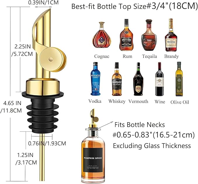 Pafusen 6 Pack Auto Flip Olive Oil Dispenser, Liquor Pour Spout, Oil Dispenser for Kitchen, Easily Turn Your Bottles into Dispensers for Liquor, Vinegar, Coffee Syrup or Oils, Weighted Pourer, Gold