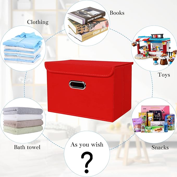 STOREONE Fabric Storage Cube Bins Foldable Organizer Container Collapsible Basket with Lids and Metal Handles, for Home, Bedroom, Closet 6 Pcs (Red)