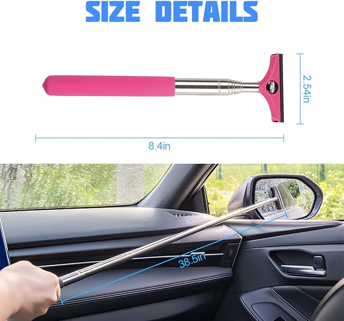 8sanlione Car Rearview Mirror Wiper, American Flag Telescopic Auto Mirror Squeegee Cleaner, Glass Mist Cleaning Tool with Retractable 98cm Handle, Portable Car Windows Water Removal (Pink/Car Logo)