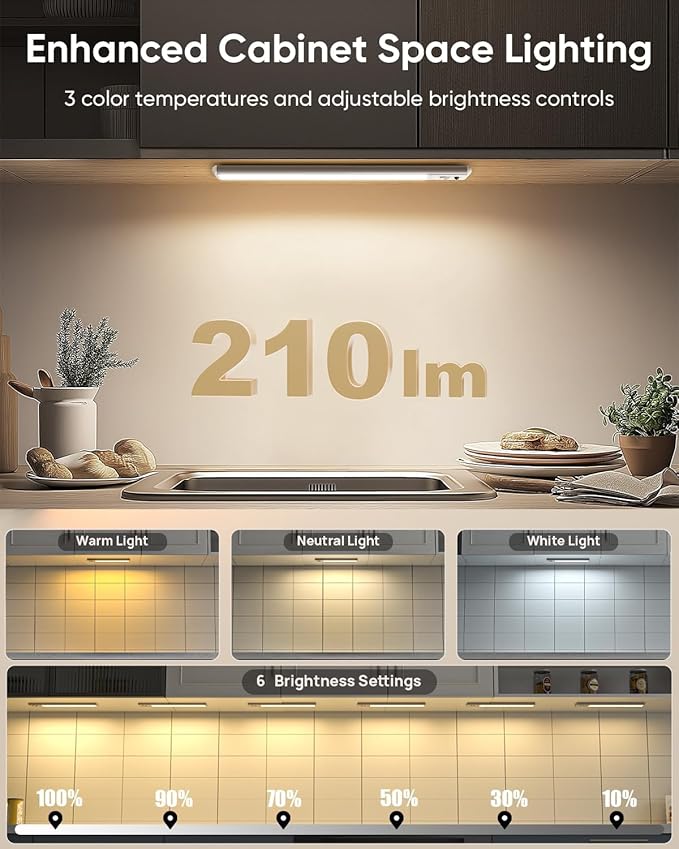 Under Cabinet Lighting Wireless, 2200mAh Rechargeable Motion Sensor Light Indoor, 3 Color Temps, Dimmable, Wireless LED Closet Lights Remote, Magnetic Under Counter Light for Kitchen, Pantry, 6 Pack