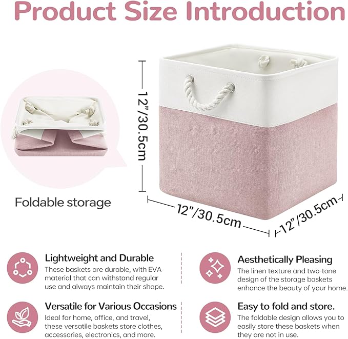 12 x 12 Inch Cube Storage Bins, White/Pink
