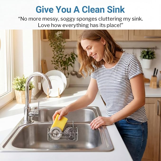 2 Pack Stainless Steel Sponge Holder for Kitchen Sink, Double Kitchen Sink Caddy Saddle for Sponge, Scrubber & Dish Cloth, Rustproof Hanging Organizer for Double Basin, Top Width 1.93"
