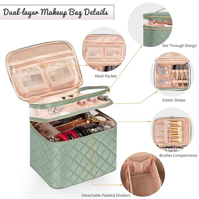 OCHEAL Large Makeup Bag, Double Layer Makeup Bag, Vertical Storage Cosmetic Case for Women/Girls with Multiple Compartments-Green