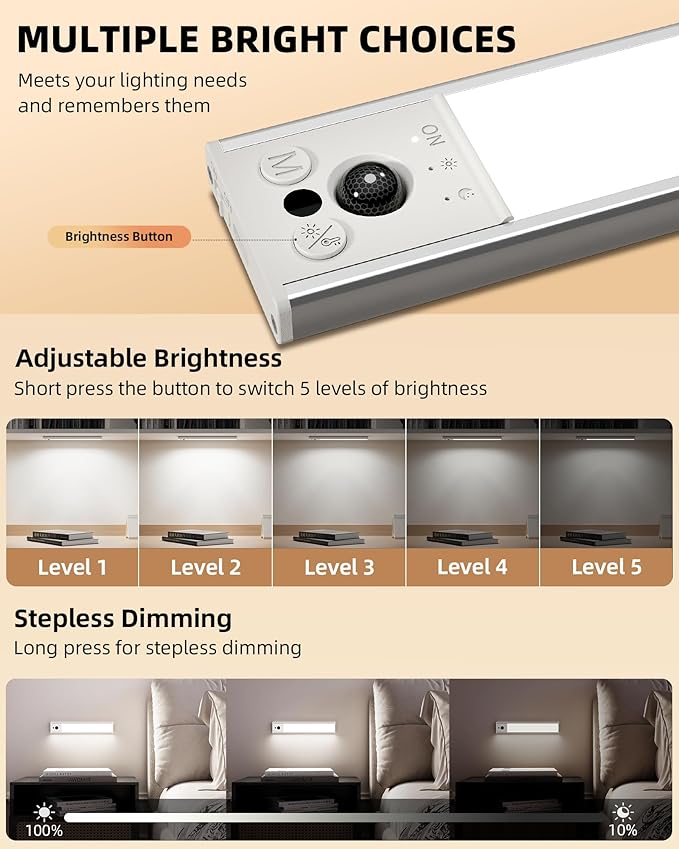 EZVALO 10inch Under Cabinet Lighting, LED Motion Sensor Light Indoor, 2400mAh USB Rechargeable Closet Lights, Dimmable & Magnetic Wireless Under Counter Lights for Kitchen, Pantry, Stairs (2 Pack)