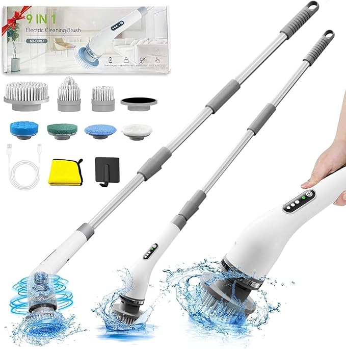 Electric Spin Scrubber,Electric Cleaning Brush for Bathroom,Kitchen and Shower,Adjustable Handle with 7 Replaceable Heads
