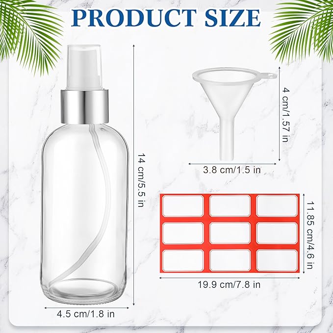 Fumete 2 Pack Glass Bottles 4oz Empty Refillable Liquid Containers with 1 Label 1 Funnel for Essential Oils Hair Travel Plants Cleaning Skin Care(Clear, Silver Top,Mist Bottle)
