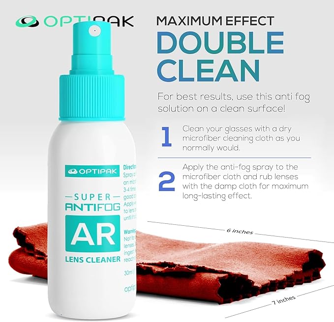 Anti Fog Lens Cleaner Spray Kit | (2x) 1oz Anti Fog Glasses Cleaner Bottles + (1x) Multipurpose Pouch + (5x) Microfiber Cloths for Eyeglasses, Mirror