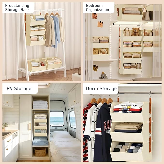 Hanging Closet Organizer Extra Large, Clothes Hanging Shelves for Closet with Divider, Collapsible Closet Storage System, Fabric Storage Bins for Home