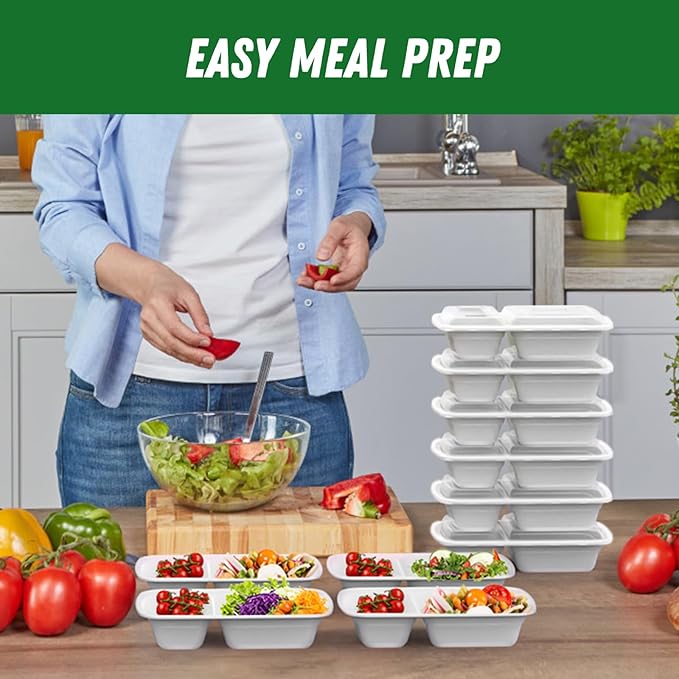Dealusy 50 Pack (100-Piece) 28 oz Meal Prep Containers Reusable with Lids 2-Compartment, Sturdy Leakproof Food Safe, Microwave Freezer Dishwasher Safe