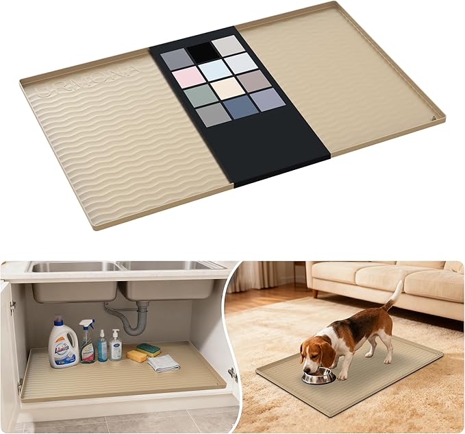 URMONA Waterproof Silicone Under Sink Mat 34'' x 22'' Shelf Liner for Kitchen and Bathroom, Cabinet and Counter Protector, Storage and Organizers, Litter Mat, Pet Cat Puppy Essentials(Khaki)