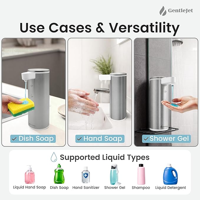 GentleJet OpalDrop Automatic Liquid Soap Dispenser for Kitchen Sink – Touchless No-Drip Pump, USB-C Rechargeable, 304 Stainless Steel, IPX5 Water-Resistant, 270 ml
