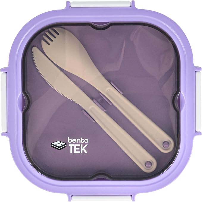 Restaurantware-Bento Tek 57.5 Ounce Bento Box, 1 Reusable Lunch Container - With Fork And Knife, Does Not Contain BPA, Purple And White Plastic Reusable Lunch Box, Microwavable, Dishwashable