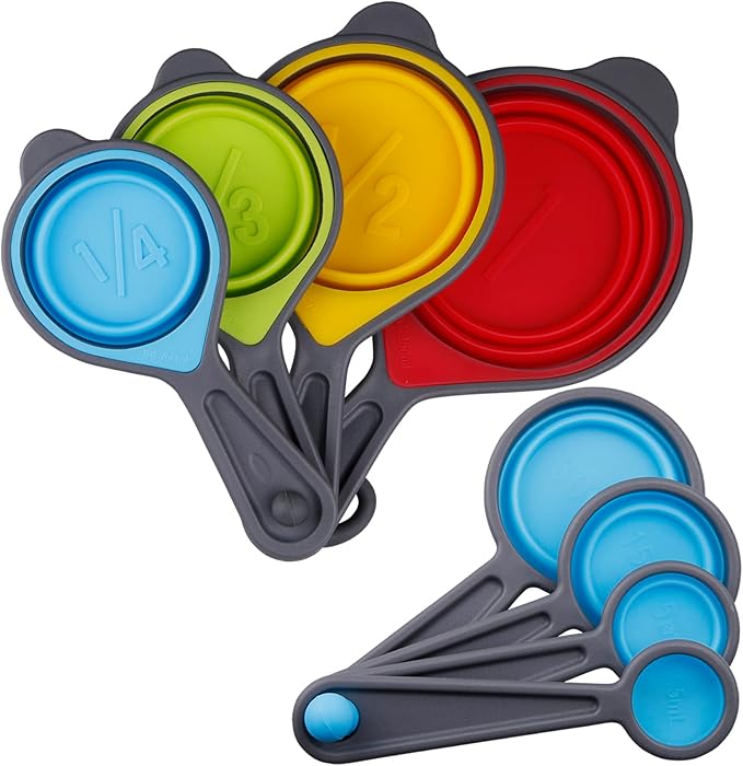 Measuring Cups and Spoons Set, Collapsible Silicone Measuring Cups and Spoons, 8 pieces Food Grade Silicone Measurement Cup for Liquid & Dry Measuring Baking & Travel Measuring Cup, Space Save