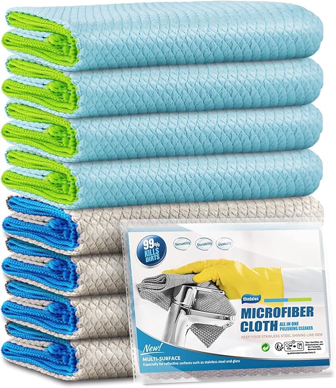 Microfiber Cleaning Cloth Lint Free Glass Cleaner Window Polishing Streak Free Miracle Easy Clean Rag Reusable for Mirror Kitchen Dish Auto Detailing,Pack of 8, 12'' x 16'', Blue and Grey