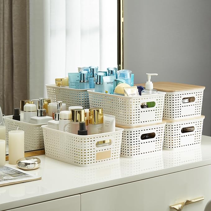 Bagnizer Small Plastic Storage Bins with Bamboo Lids 5.2qt Stackable Box Basket Pantry Decorative Containers Cute with Labels for Organizing Desktop