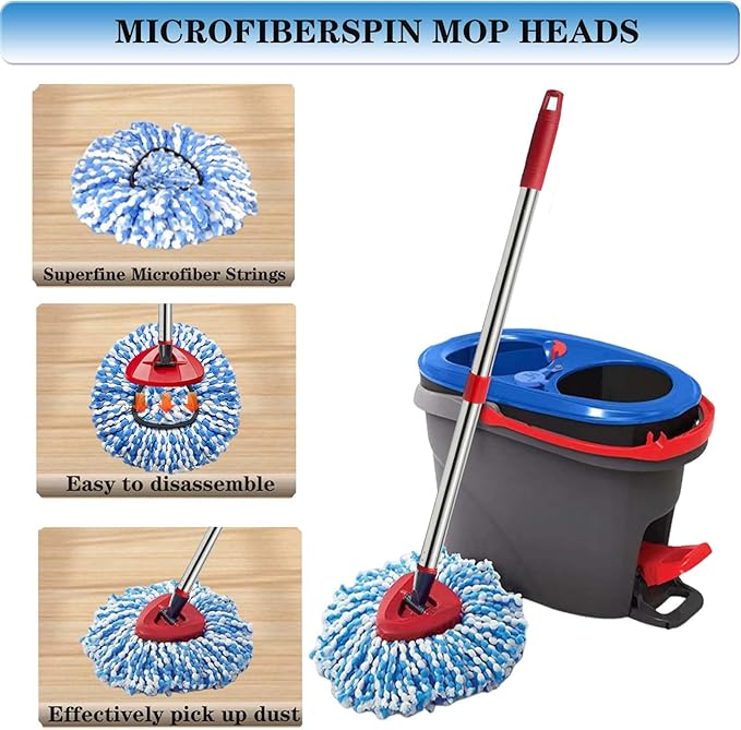 Spin Mop Replace Heads for O Cedar Rinse Clean 2 Tank System, Spin Mop Replacement Head 2 Microfiber Mop Refills, 1 Triangle Head Cover and 30-58in Handle