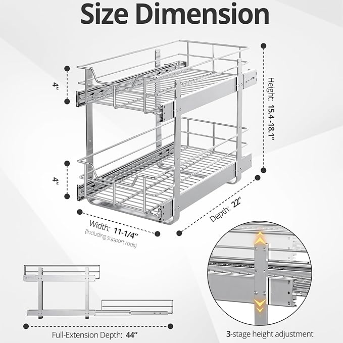 ZOINLIY Pull Out Cabinet Organizer, Versatile Slide Out Kitchen Organizers and Storage,Heavy Duty Drawer Cupboard Storage Basket, Smooth Sliding, Chrome Finish (2-Tiers-11¼''W×22“D)