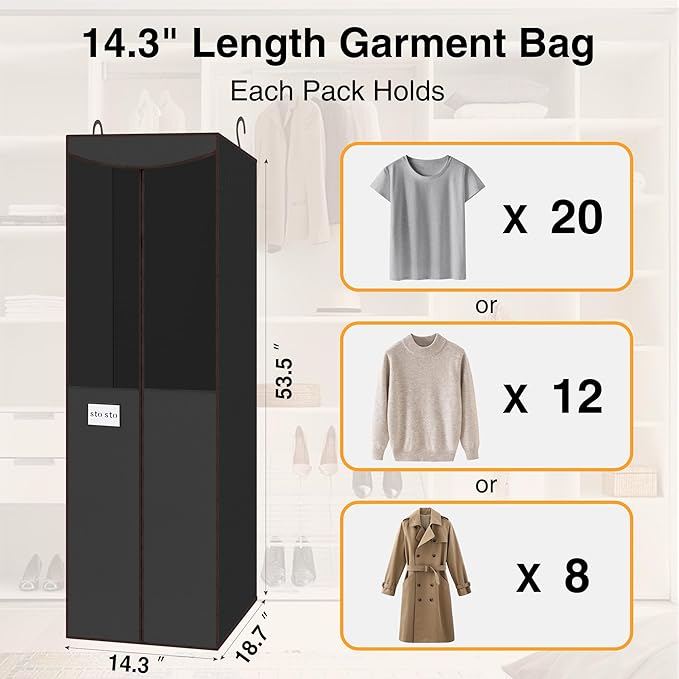 STO STO 2 Pack Garment Bag for Hanging Clothes Closet, Hanging Garment Cover with Built-in Steel Hanging Rod, Hanging Wardrobe Storage Bag for Suit, Dress with Clear Window, Zipper, ID Card, Black