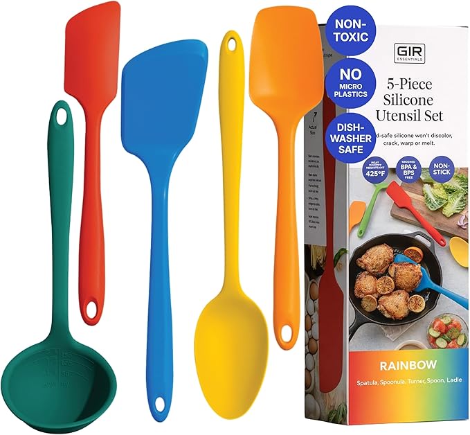 GIR 5-Piece Silicone Kitchen Utensils Set, Non-Toxic Cooking Utensils for Cooking and Baking, Heat Resistant, Food Grade, Dishwasher Safe Rubber Spatula, Ladle, Spoon - Rainbow
