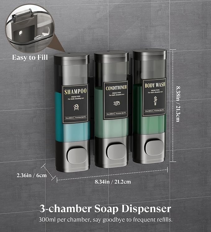 Luxspire Shampoo and Conditioner Dispenser, No Drill Wall Mounted Shower Soap Dispenser 3 Chamber with Waterproof Labels, Easy Refill Soap Dispenser for Bathroom Hotel Kitchen, Gray