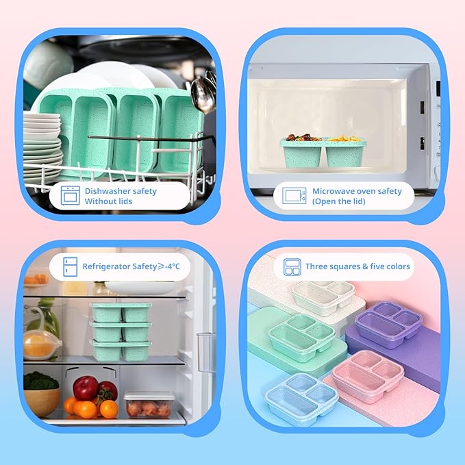 Snack Boxes (3 Pack) - Stackable Bento Boxes with 3 Compartments, Meal Prep Containers Reusable, Lightweight Lunch Containers for Kids and Adults