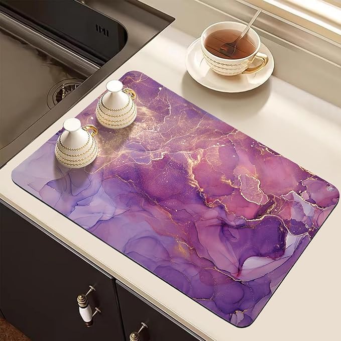 Dish Drying Mat for Kitchen Counter, Purple Shiny Abstract Marble Design, Washable Absorbent Quick Dry Pad with Rubber Backing, Draining Mat for Dishes Coffee Table, 16" x 24"