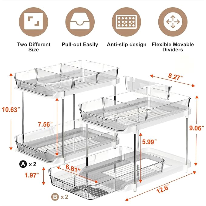 Delamu 2-Tier Multi-Purpose Bathroom Under Sink Organizers and Storage, Stackable Kitchen Pantry Organization, Pull Out Medicine Cabinet Organizer with Movable Dividers, Grey, 4 Pack