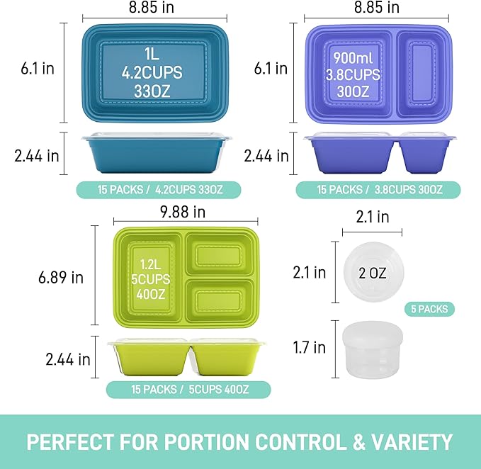LISI 100-Piece Meal Prep Containers, 33oz Large Food Storage Containers with lids with 1, 2, 3-Compartment, Freezer Safe To-Go/Take-Out Boxes