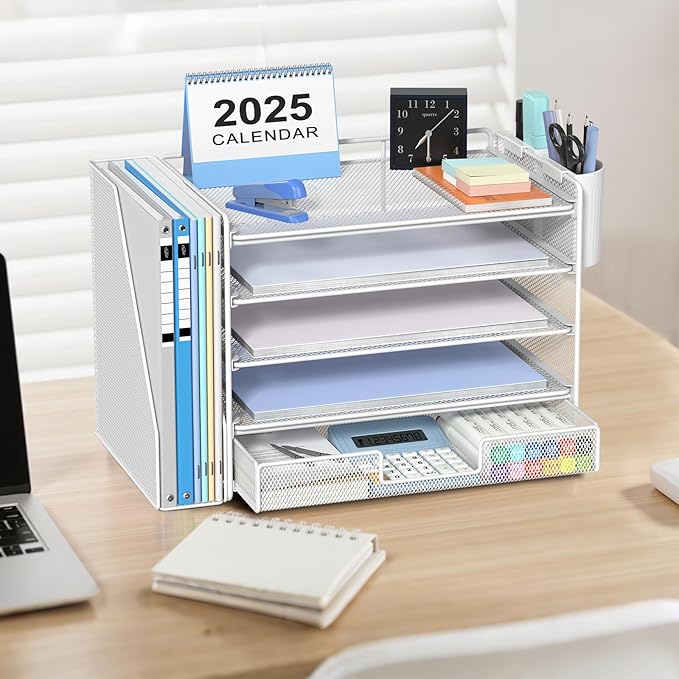 Desk Organizer, 5-Tier Paper File Organizer with Drawer & Pen Holder, White