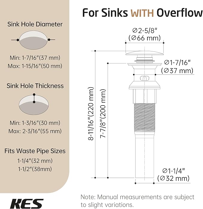 KES All Metal Bathroom Sink Drain with Strainer Basket Hair Catcher Anti Clog Pop Up Drain Stopper for Vanity Vessel Sink with Overflow