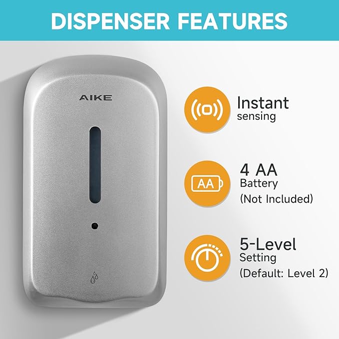 AIKE 33.8oz Automatic Wall Mount Liquid Soap Dispenser with Commercial ABS Construction, Model AK1226S(Silver)