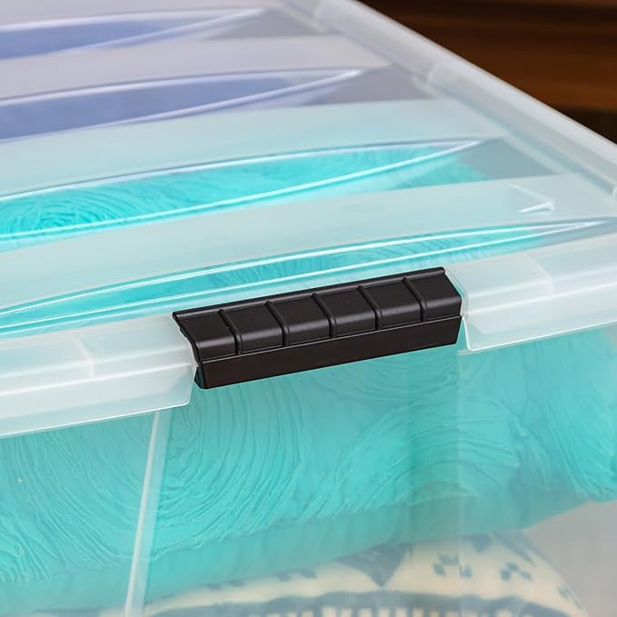 IRIS USA 94 Qt Stackable Plastic Storage Bins with Lids, 4 Pack - BPA-Free, Made in USA - See-Through Organizing Solution, Latches, Durable Nestable Containers, Secure Pull Handle - Clear