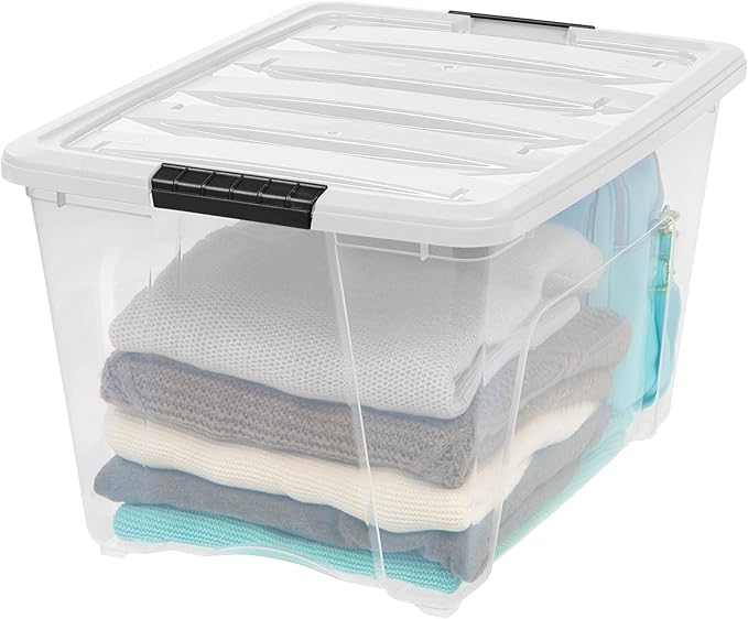 IRIS USA 6-Pack 54 Quart Stackable Storage Bins with Lids [Made in USA] - Everyday Organizer Latching Clear Plastic Organization Containers Closet Bedroom Shelving Units Home Storage - Clear/White