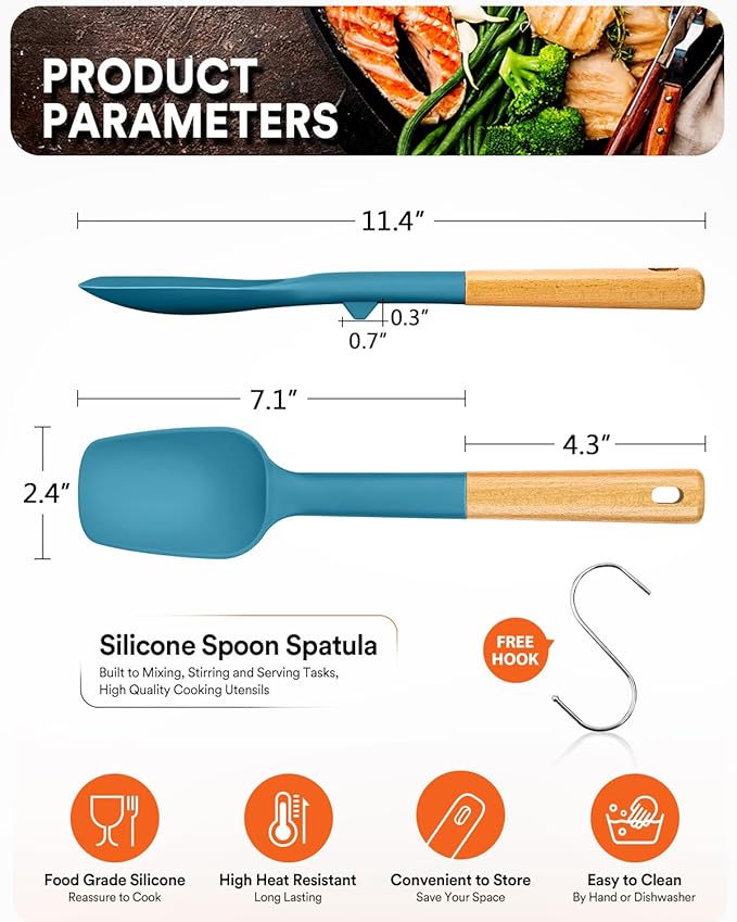 Silicone Spoon Spatula, Great For Scraping Bowls And Scooping Batter, Sturdy Bpa-Free Matte Silicone, Wooden Handle Rubber Spatula For Nonstick Cookwares (TURQ)