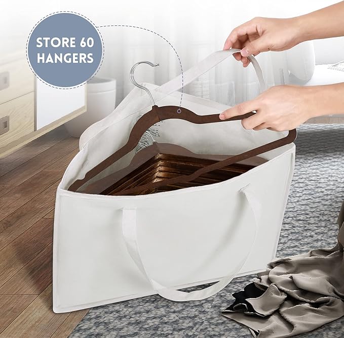 Foldable Triangle Hanger Bag with Handles, Space Saving Organisers Tidy Storage in Closets, 18" x 13" x 13.2", White, Cotton, Linen