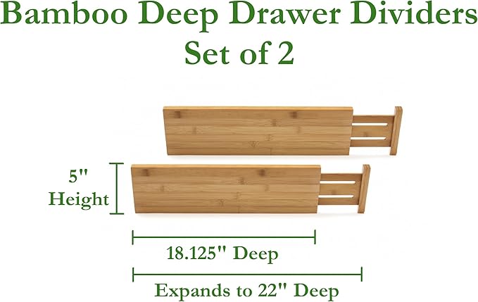 Lipper International 8897 Bamboo Wood Custom Fit Adjustable Deep Kitchen Drawer Dividers, Set of 2
