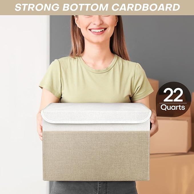 Bagnizer Large 22 Quart Linen Fabric Foldable Storage Bin Cube Organizer Basket with Flip-Top Lid & Handles, Clothes Blanket Box for Home, Office