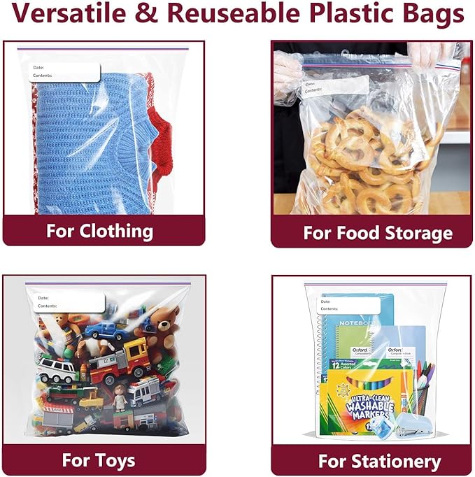 Large Plastic Bags With Zipper Top and Writable White Block, 2 Gallon, 13x15in