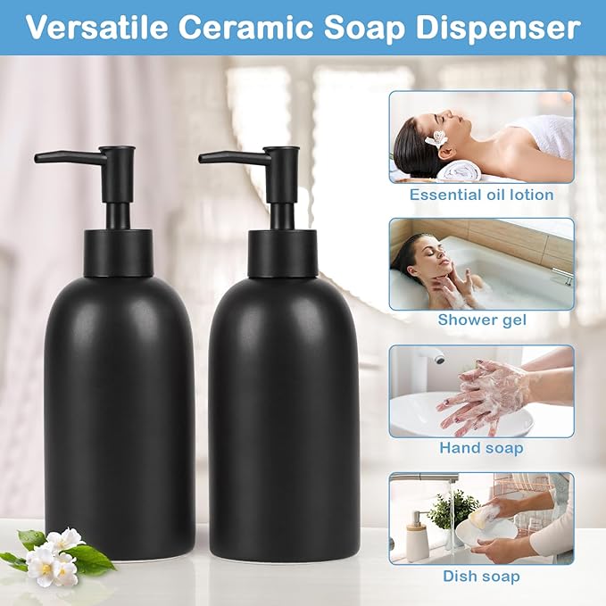 Natheeph 14OZ Ceramic Soap Dispenser Ceramic Soap Pump Dispenser Can Fill Liquid for Bathroom/Kitchen (2PC Black)