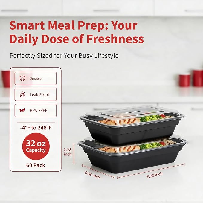 60 Pack 32 oz Meal Prep Containers Reusable, Plastic Food Storage Container with Lids,Leakproof To Go Lunch Boxes, BPA-Free,Freezer, Microwave