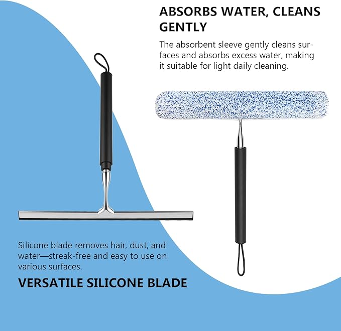 Squeegee for Shower Glass with Long Handle – Extends 13" to 48", Includes 2 Towel Sleeves, Replacement Silicone Blade & Hook, 14" Wide Blade for Glass, Mirrors, Windows & Tile Walls (Black)