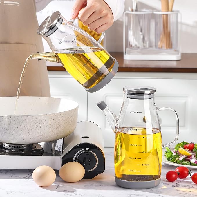Glass Oil Dispenser Bottle - Glass Olive Oil Bottle for Kitchen, Wide Mouth Borosilicate Glass Cooking Oil Bottles with Lid and Handle,800ML/27oz